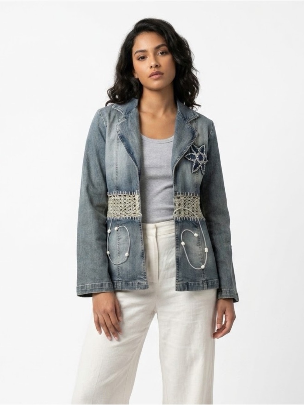 Vintage Crest Y2K Boho Patchwork Crochet Denim Blazer Jacket Size M